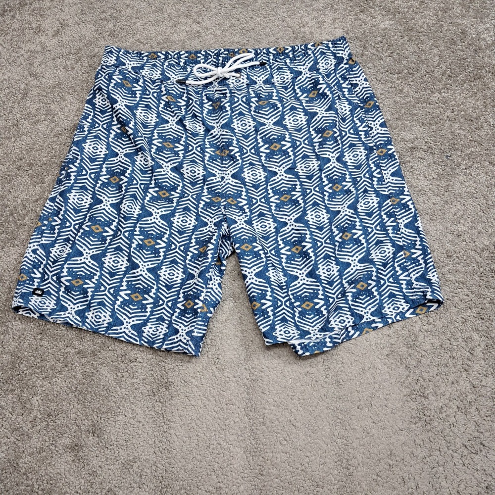 Micros Mens Swim Trunks XL Blue White Geometric Tribal‎ Print Board Shorts